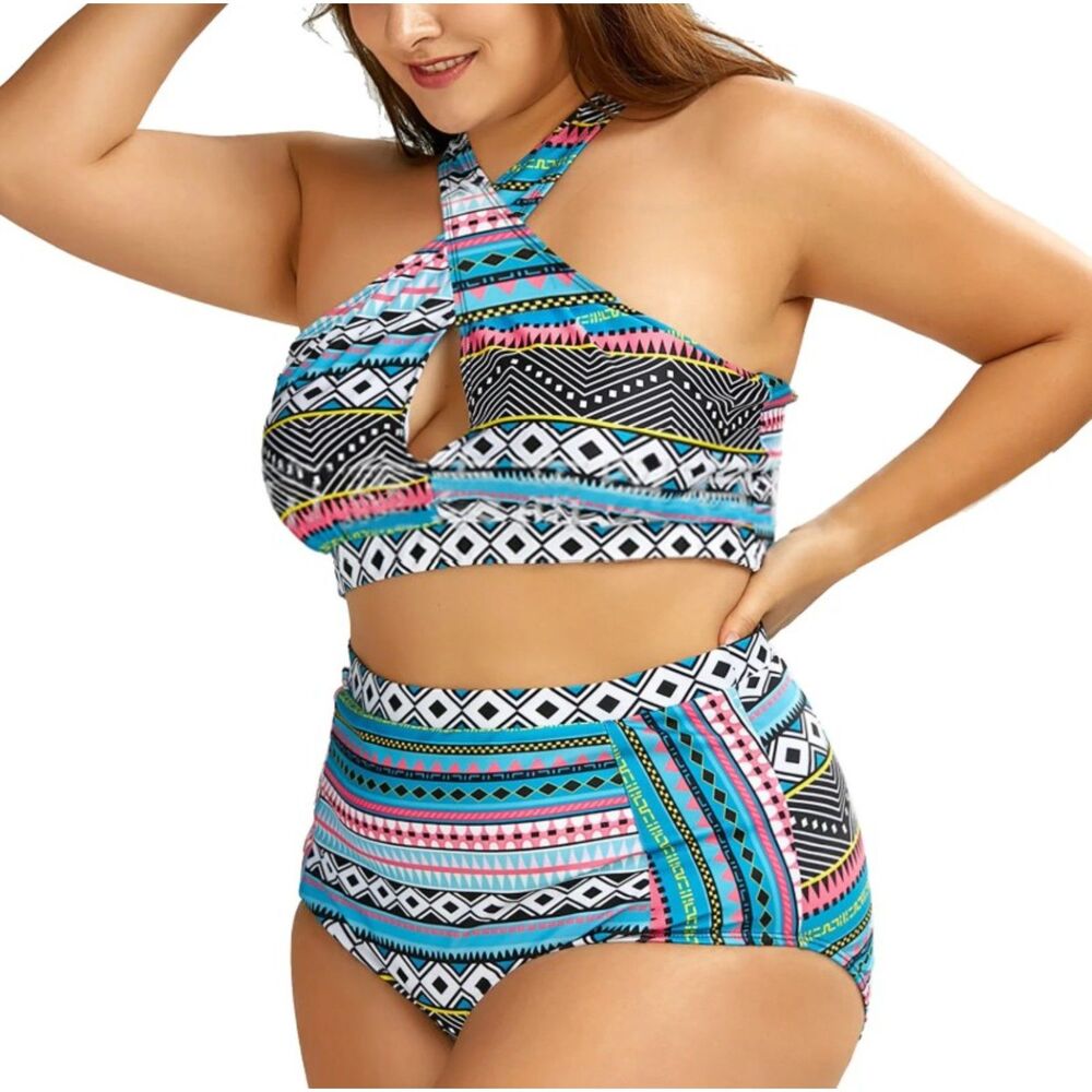 LIKE NEW Multicolored Sz XXL Beach Pool Removable Pads 2 Pc High Waisted Bikini